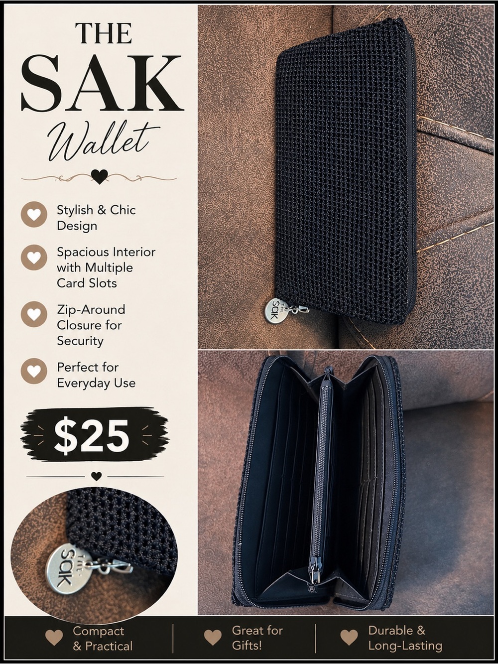 The Sak Black Woven Zip-Around Money Clip Wallet